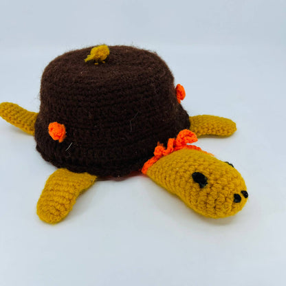 Vintage Retro 70s Kitschy Crocheted Turtle Brown Yellow Orange 11” TB8