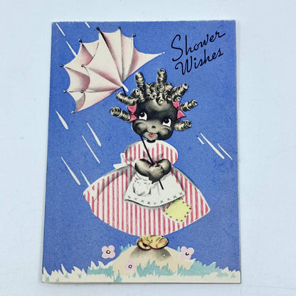 Vintage Greeting Card Shower Wishes Adorable African American Girl SC9