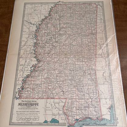 Antique 1897 The Century Atlas Map of Mississippi USA Engraved 12.5 x 17” FL5