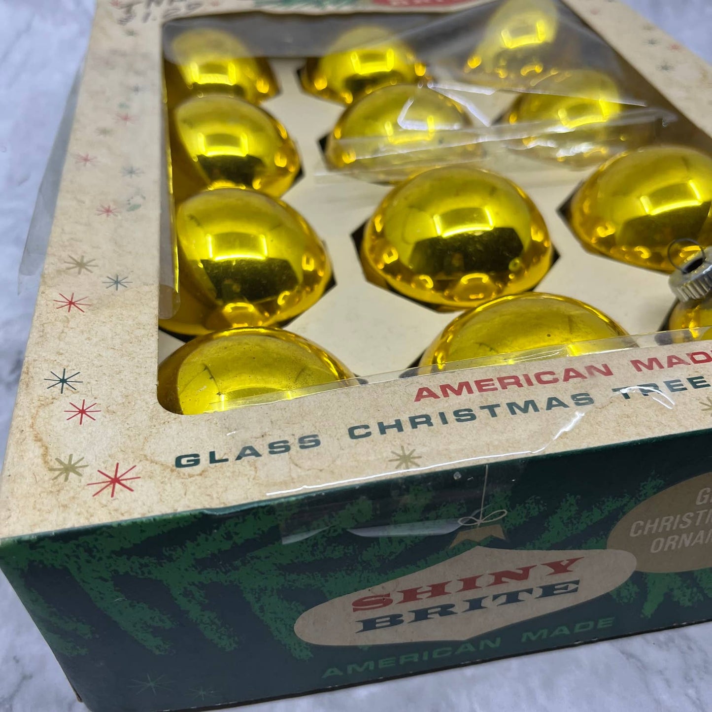 Shiny Brite 12 Vintage 2 5/8" Mercury Glass Ornaments Original Box Gold OT1