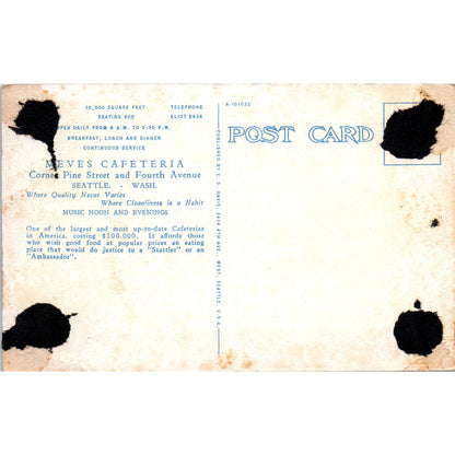 Antique Postcard Meves Cafeteria Interior Pine St. Seattle Washington TD9-W2