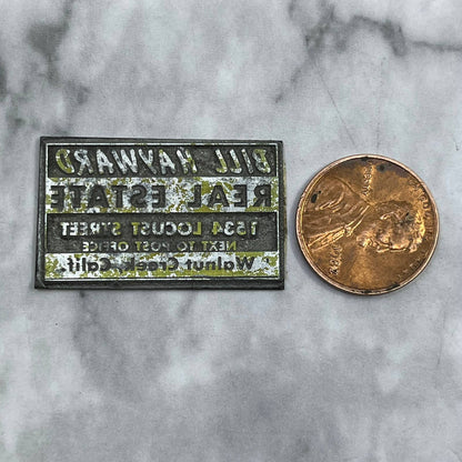 Vintage Printers Block Plate Bill Hayward Real Estate Walnut Creek CA SE828
