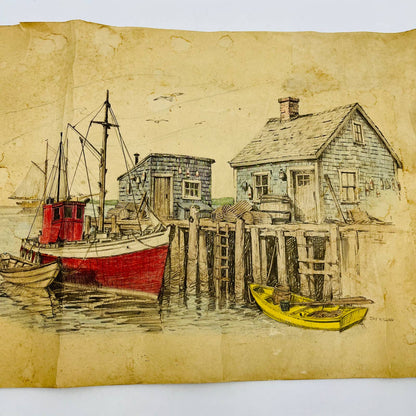 Vintage Original Sketch Pencil Drawing Red Fishing Boat Jay Killian 12 x 17 TD6