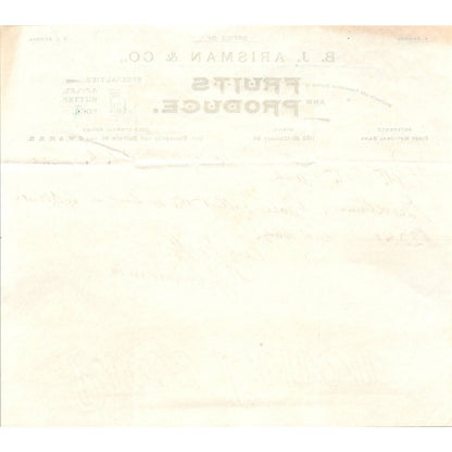 1892 B.J. Arisman & Co Fruits and Produce Letterhead Billhead Elkhart IN AD8