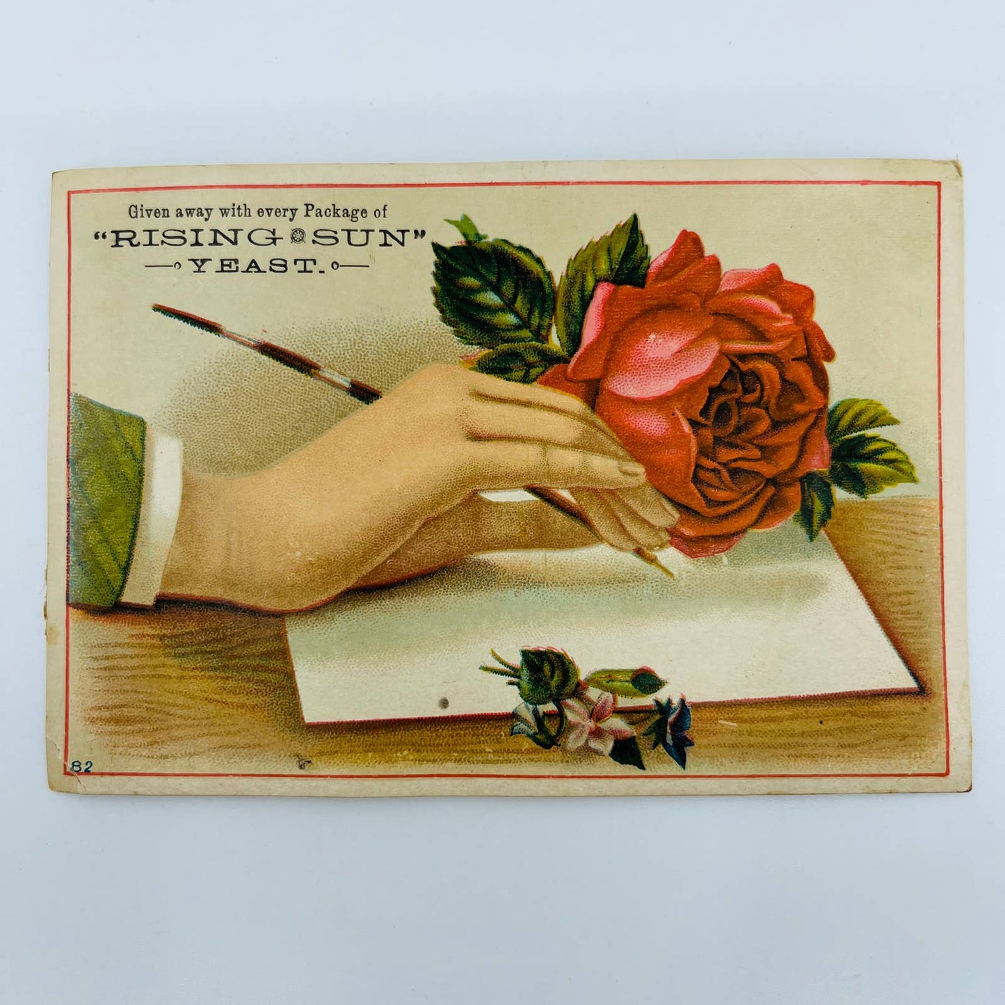 1880s Victorian Trade Card Rising Sun Yeast Dip Pen & Rose AA2