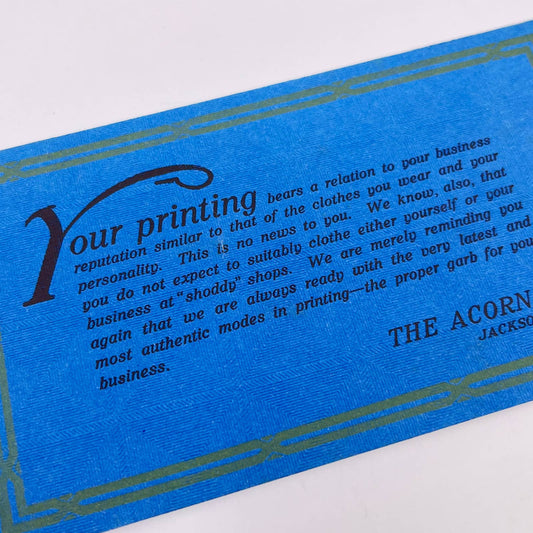 c1900 Blotter Card R.A. Moote The Acorn Press Blue Art Deco Jackson MI SC8