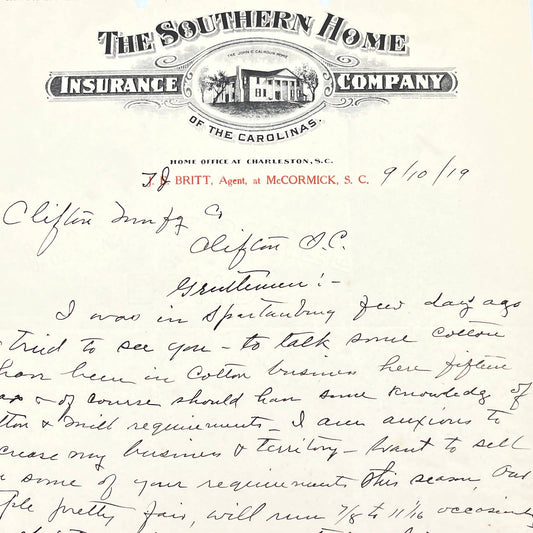 1919 The Southern Home Insurance Co Letterhead T.J. Britt McCormick SC AB9