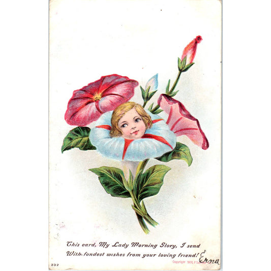 Face in Flower Petunia Dahlias Embossed c1909 Original Postcard TK1-27