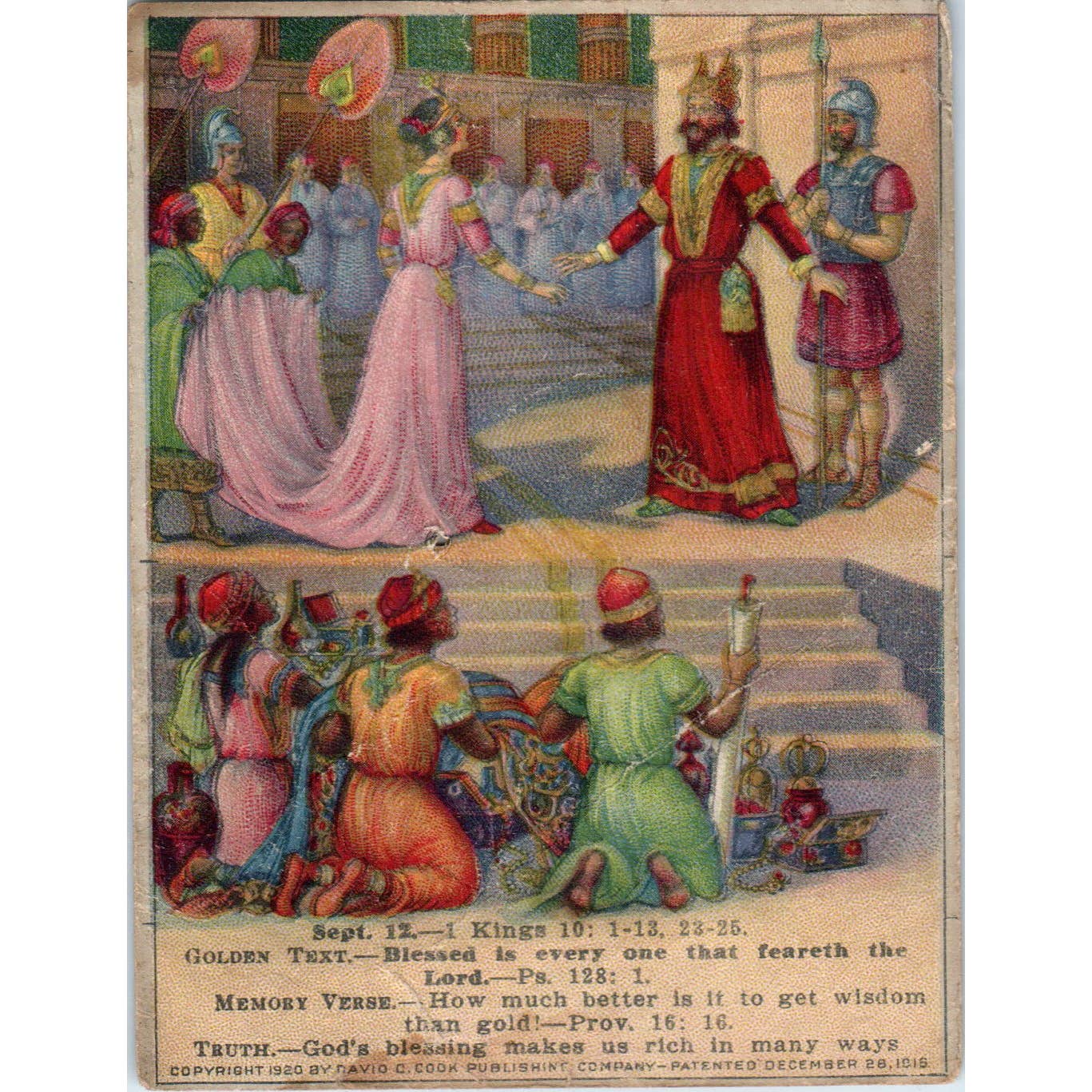 1920 Christian Lesson Picture Card The Glory of Solomon's Reign Kings 10 SE5