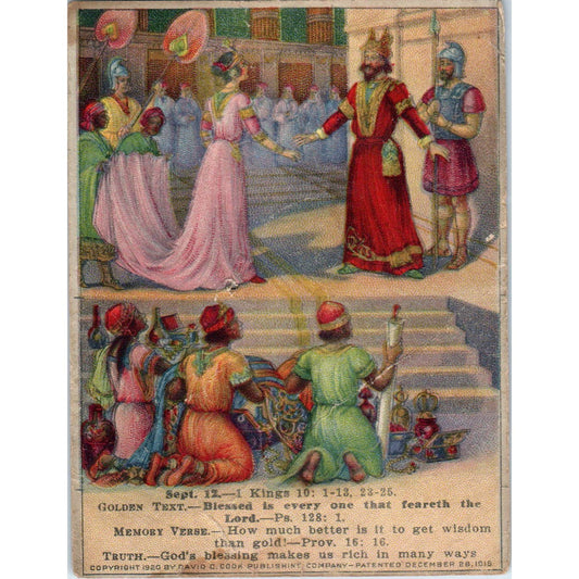1920 Christian Lesson Picture Card The Glory of Solomon's Reign Kings 10 SE5