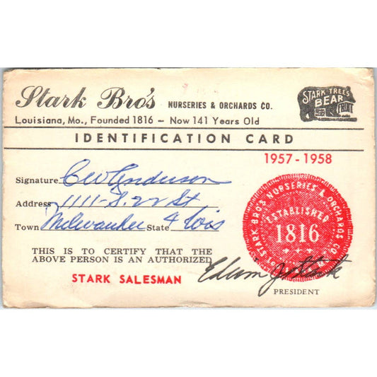 1957 Stark Bros Nursery & Orchards Salesman Identification Card Louisiana MO SE5
