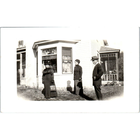 Antique RPPC Postcard Two Ladies and a Gentleman in Hats EA3