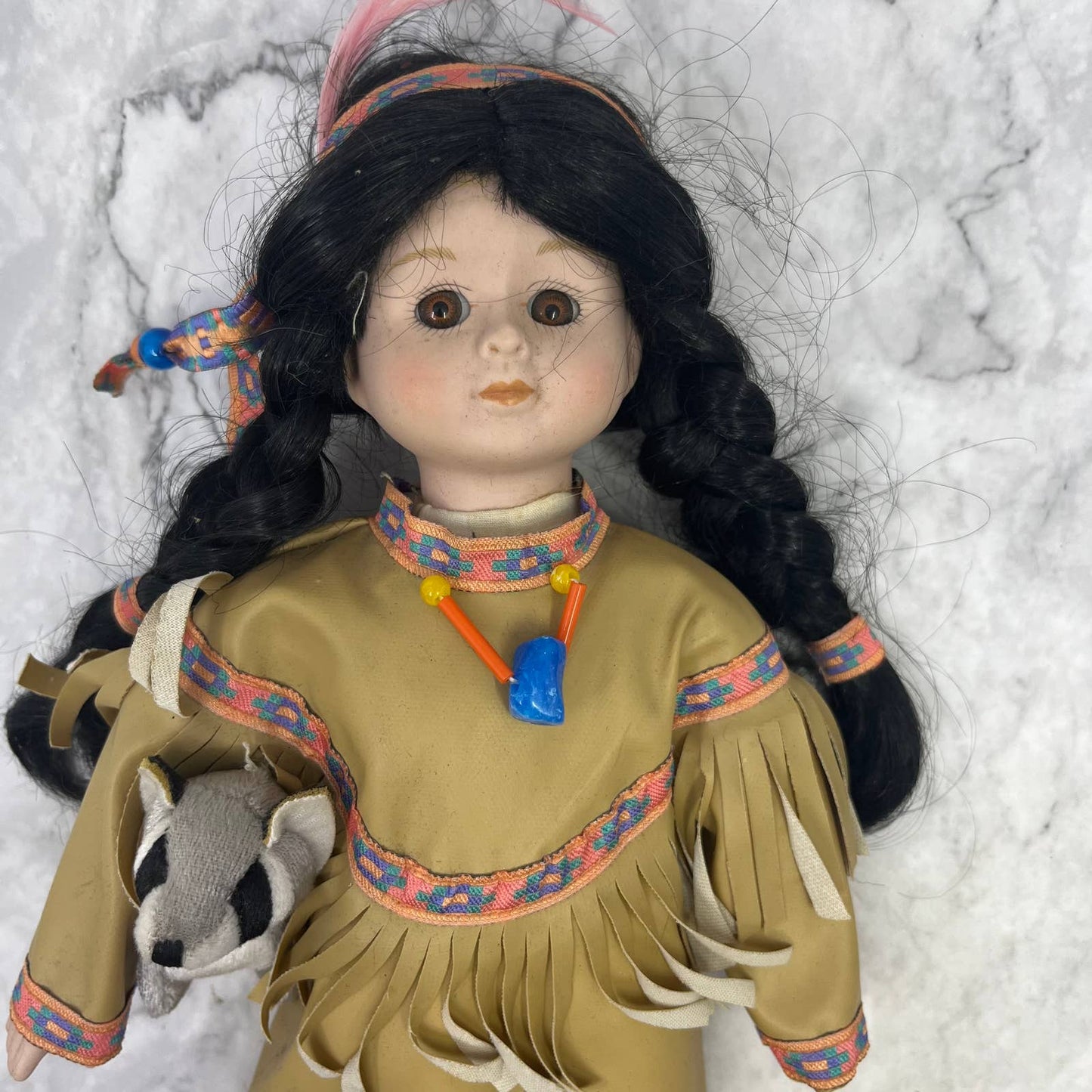 DanDee Pocahontas Porcelain Native American Girl Doll With Raccoon 12" TI8