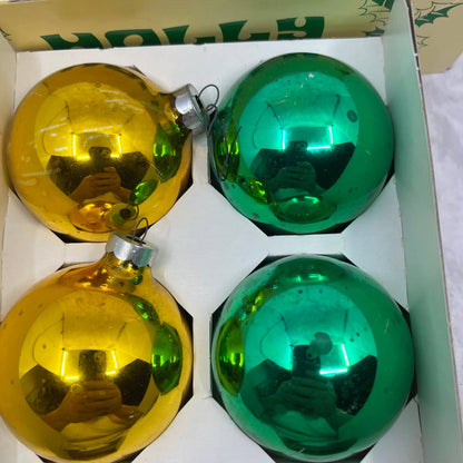 HOLLY 4 Vintage 2 5/8" Mercury Glass Ornaments Original Box Green Gold OT1