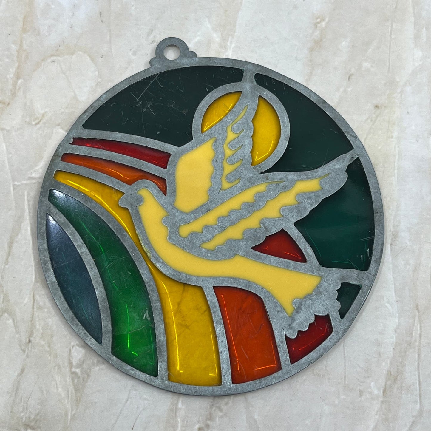 1980s Peace Dove Bird Rainbow Stained Glass Suncatcher 3.75" TE5-S1