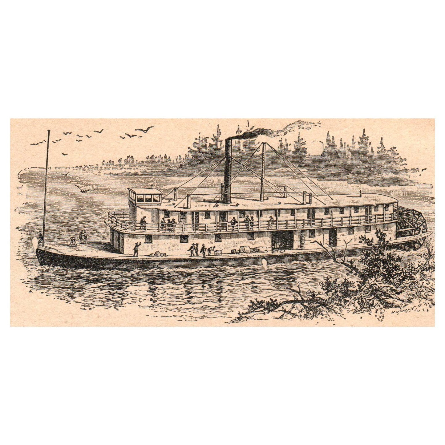 Stern-Wheel Steamboat on the Upper Missouri 2.5x5" Original Engraving 1899 TJ8-7