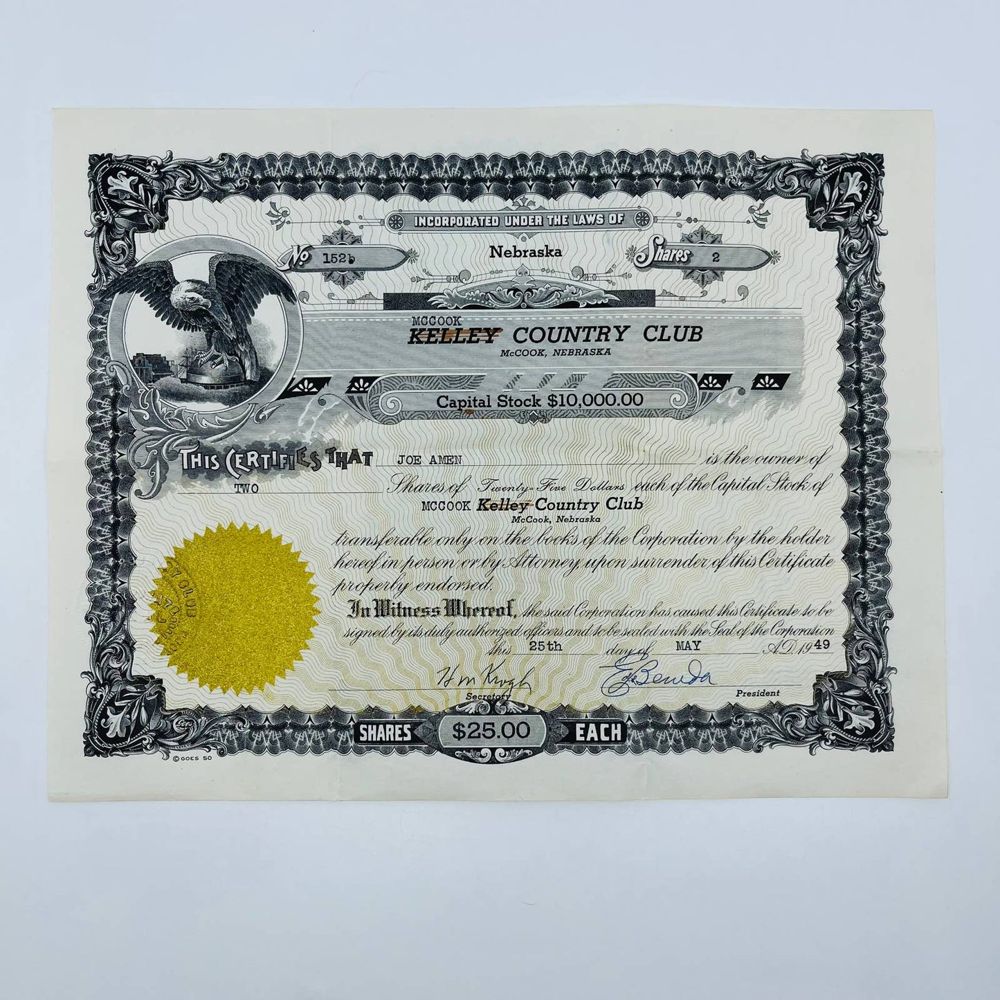 1949 Kelley McCook Country Club Nebraska Capital Stock Certificate SC2