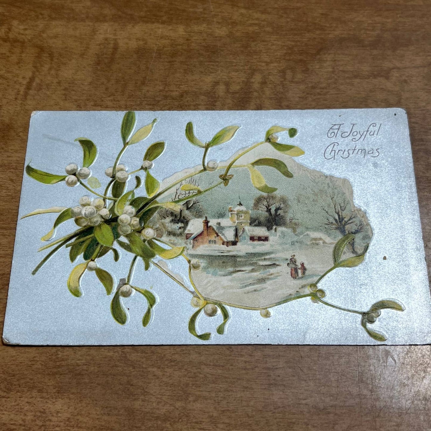 c1910 Embossed Silver Alba White Berry Church A Joyful Christmas Postcard PA2