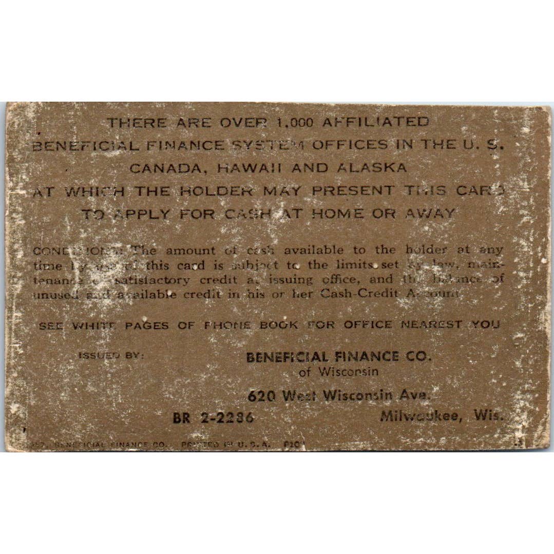 1957 Beneficial Finance System Cash Credit Account Card Milwaukee Obsolete SE5