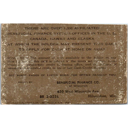 1957 Beneficial Finance System Cash Credit Account Card Milwaukee Obsolete SE5