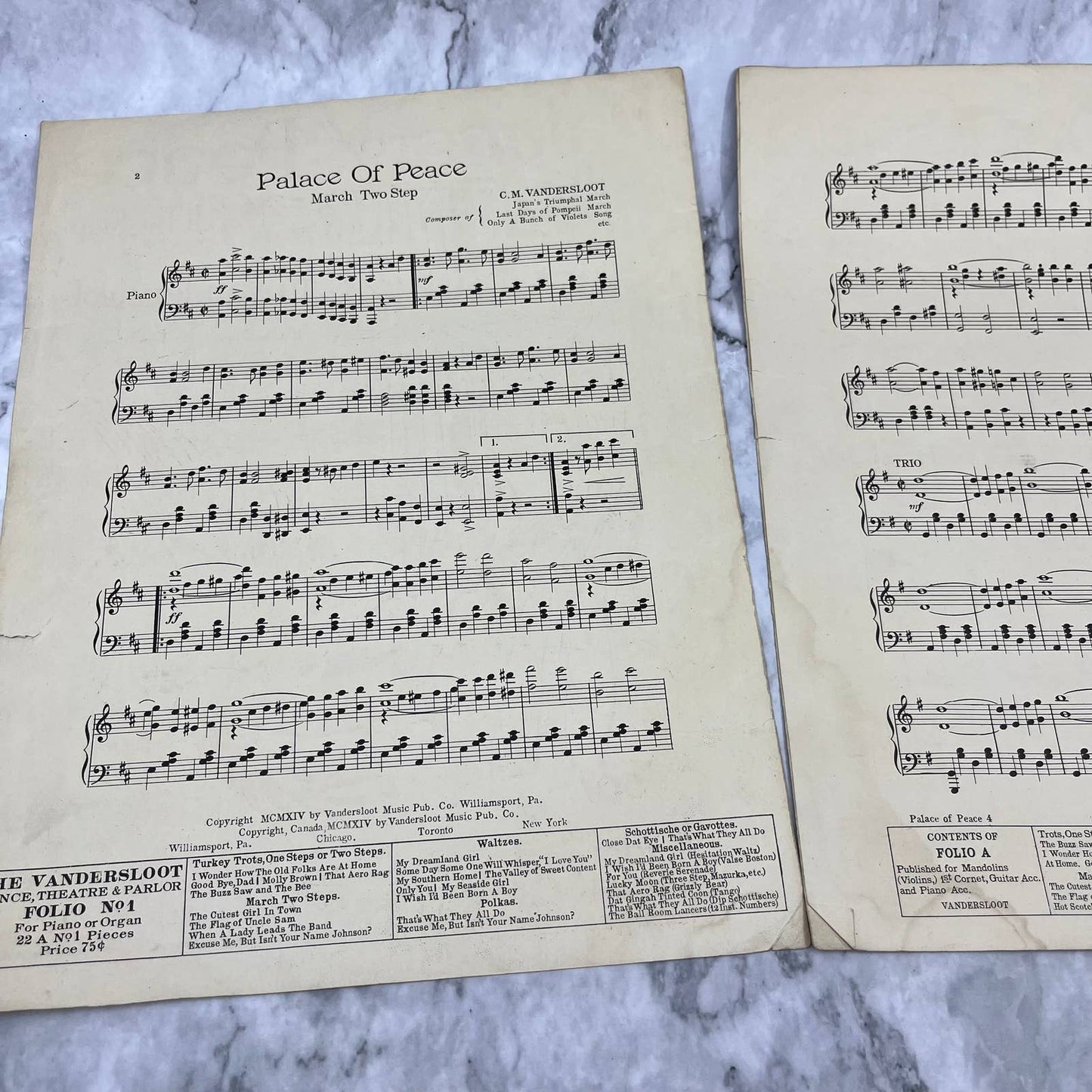 Palace of Peace March Two Step By CM Vandersloot 1914 sheet music TH5