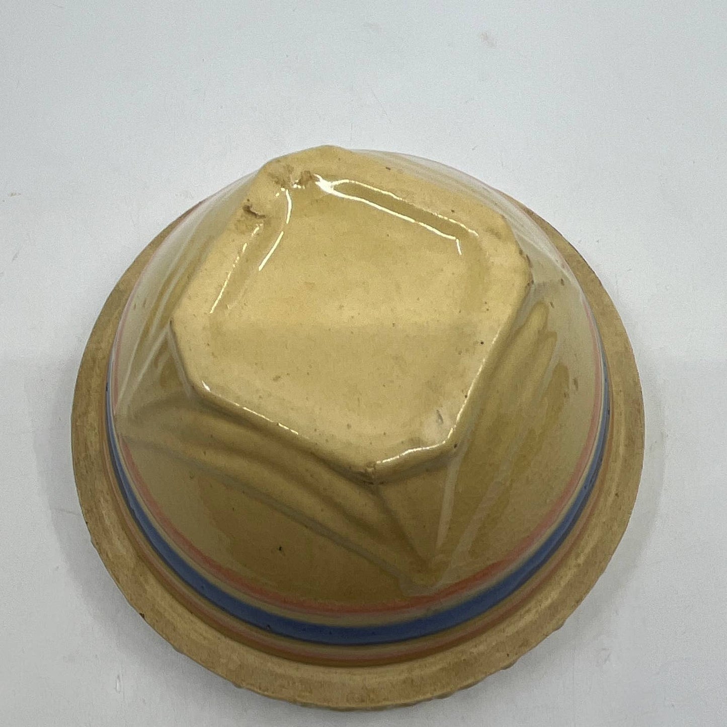 Vintage McCoy Yellow Ware Blue Pink Striped Mixing Bowl 5” Pie Crust Rim TH5