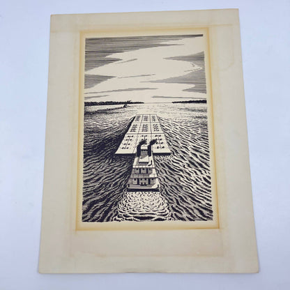 Vintage 1940s-50s Pencil Sketch Art Print Floating Barge FL3