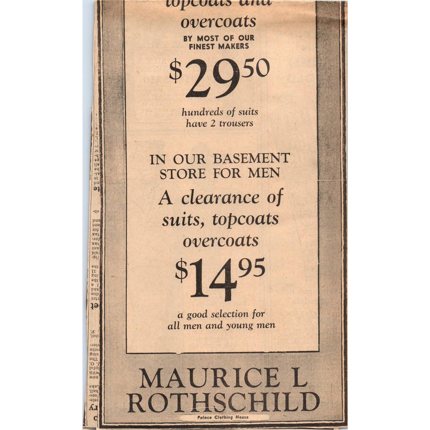 1935 MPLS Journal Newspaper Ad Maurice L Rothschild Men's Basement Sale FL5-2