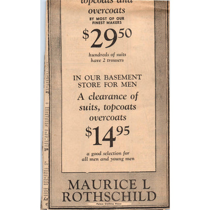 1935 MPLS Journal Newspaper Ad Maurice L Rothschild Men's Basement Sale FL5-2