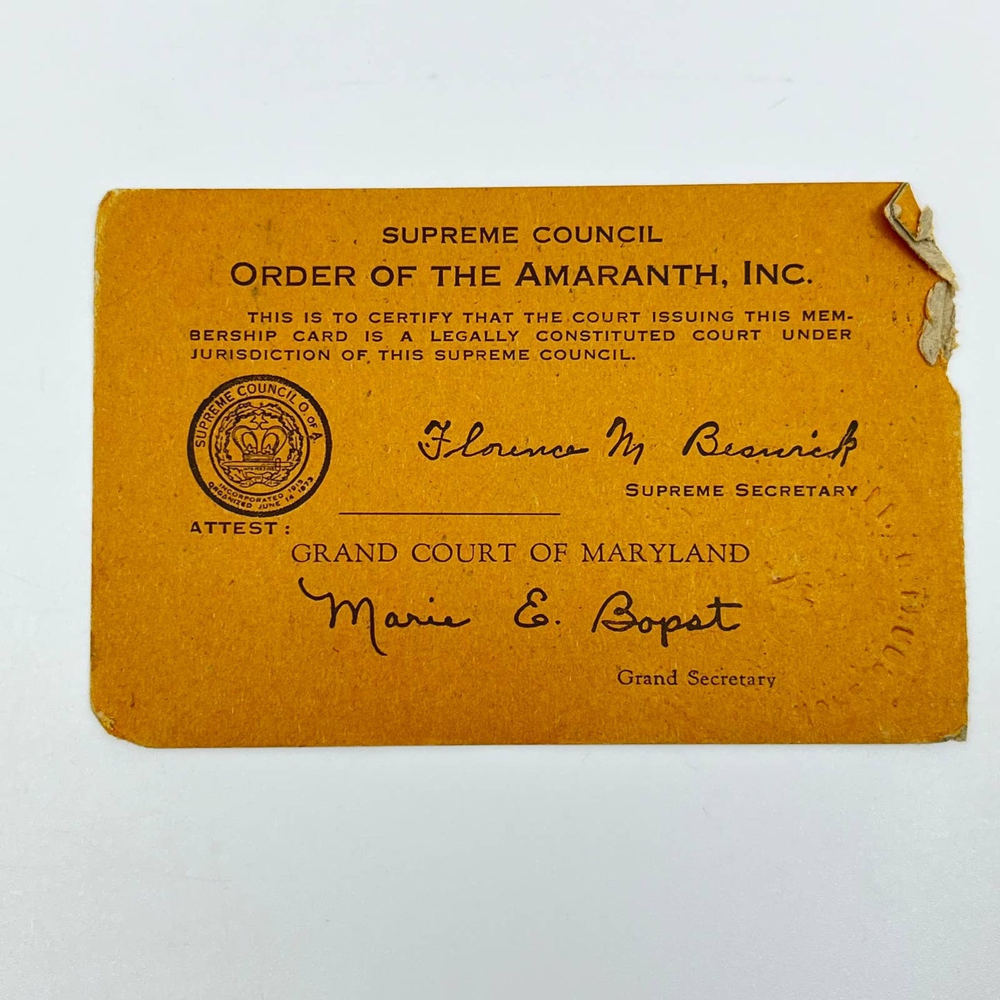 1947 Order of the Amaranth Membership Card Theresa Cassidy Baltimore MD SC7