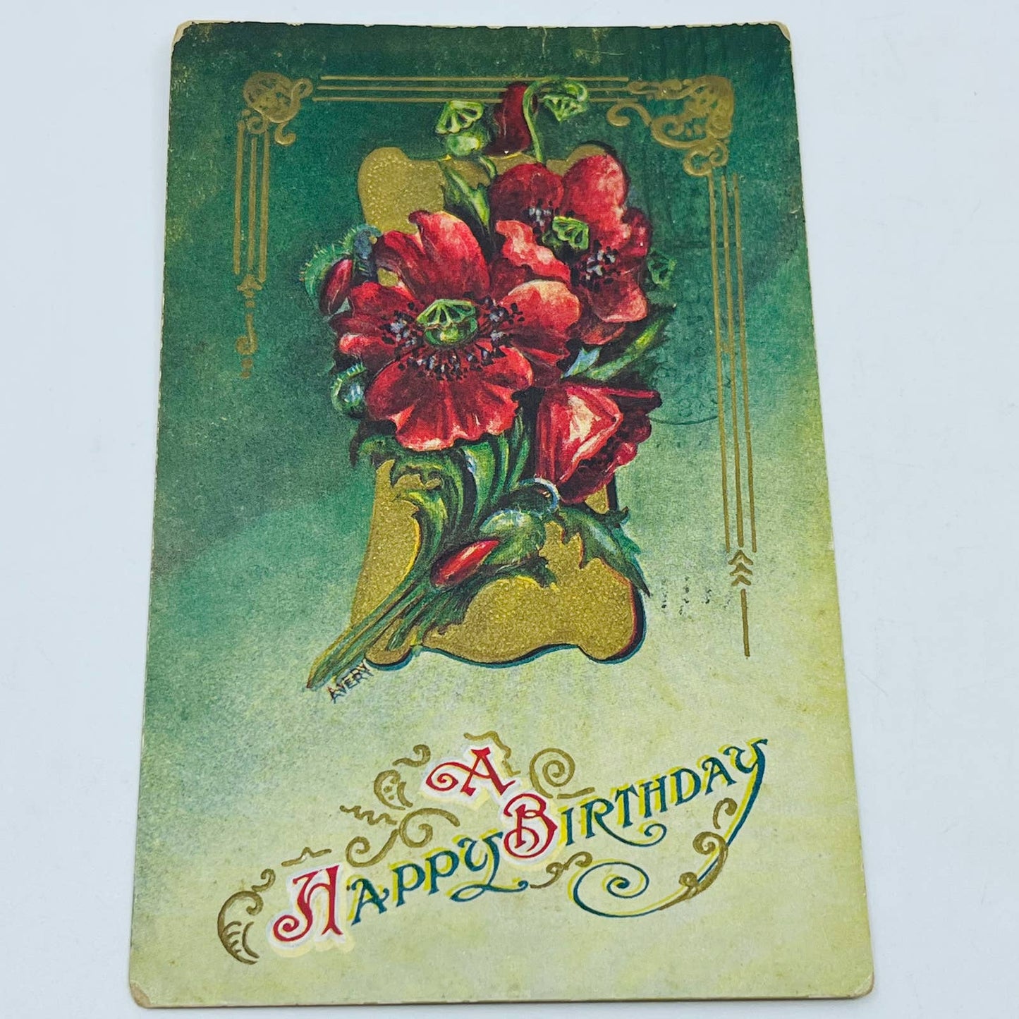 1910s Birthday Post Card WINSCH Back Art Deco Embossed Poppies Dresden PA5