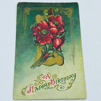 1910s Birthday Post Card WINSCH Back Art Deco Embossed Poppies Dresden PA5