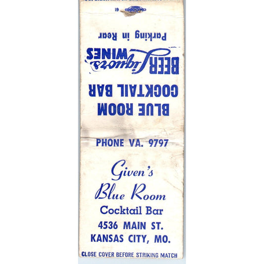 Blue Room Cocktail Bar Kansas City MO Advertising Matchbook Cover MM9-5