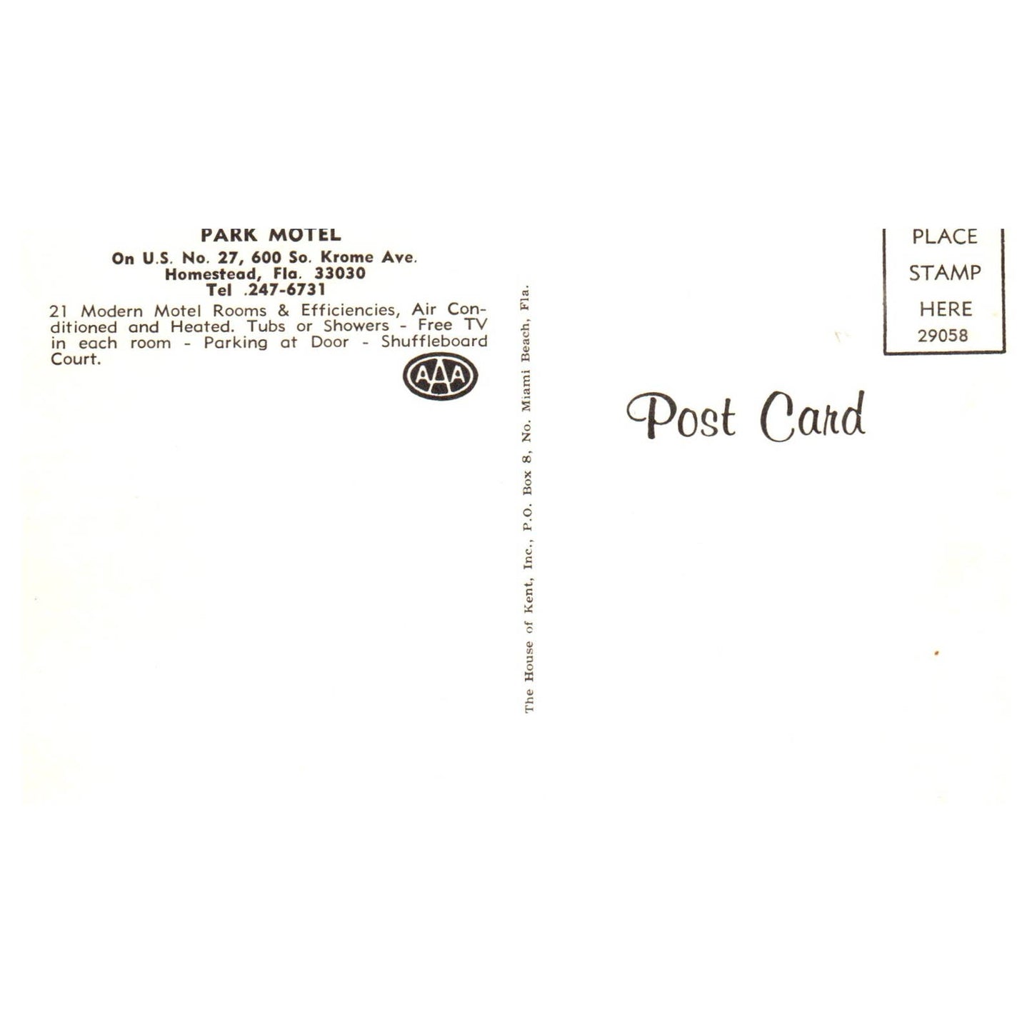 Vintage Postcard - Park Motel Homestead Florida AAA TJ7-1