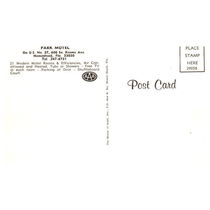 Vintage Postcard - Park Motel Homestead Florida AAA TJ7-1