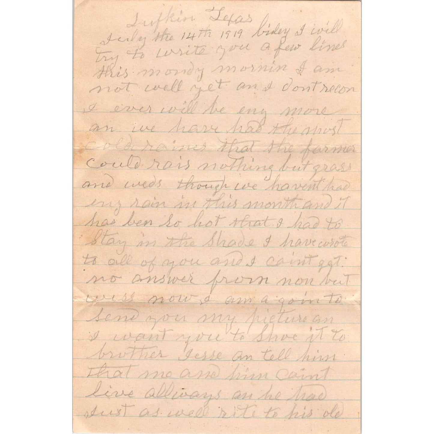 1919 Letter and Envelope W.A. Peavy Lufkin TX to J.M. Peavy Shreve AL AD6