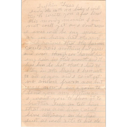 1919 Letter and Envelope W.A. Peavy Lufkin TX to J.M. Peavy Shreve AL AD6