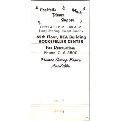 The Rainbow Room Cocktails Rockefeller Center Advertising Matchbook Cover SA1-M6