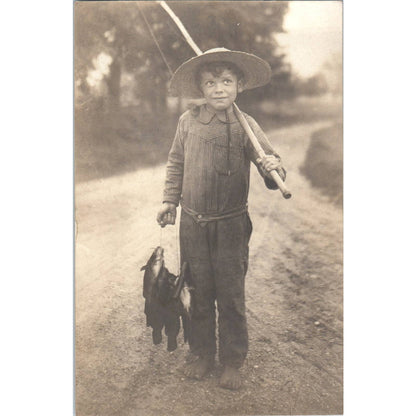 Antique RPPC Postcard Young Boy in Straw Hat Fishing SE4