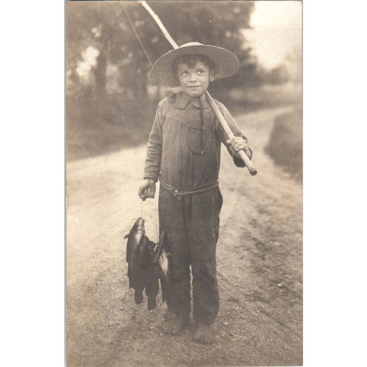 Antique RPPC Postcard Young Boy in Straw Hat Fishing SE4