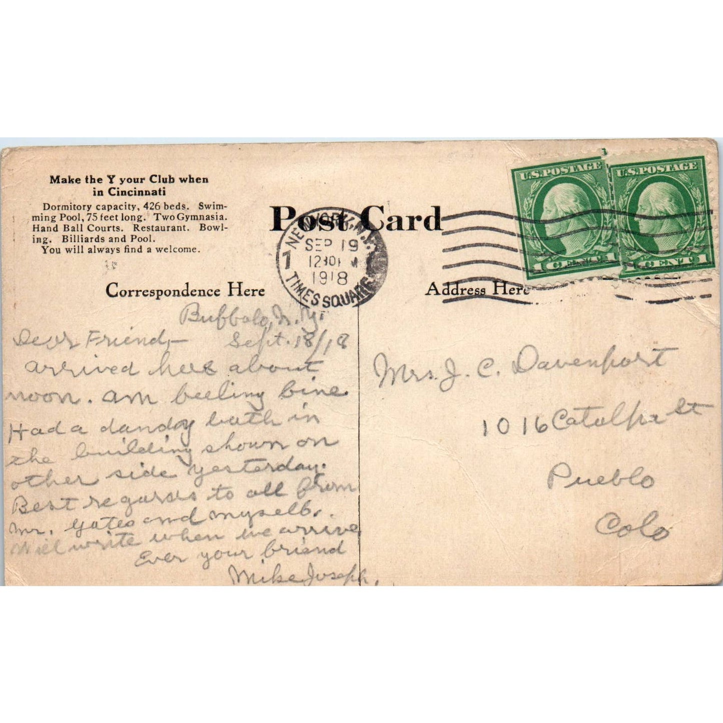 1918 Postcard New YMCA Home Elm & Canal St. Cincinnati OH TD8-O2