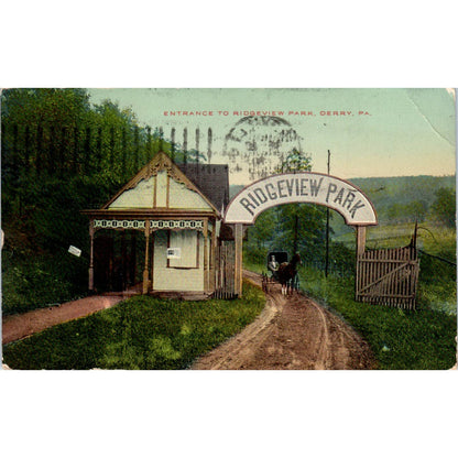1913 Postcard Entrance To Ridgeview Park Derry PA TD9-P1