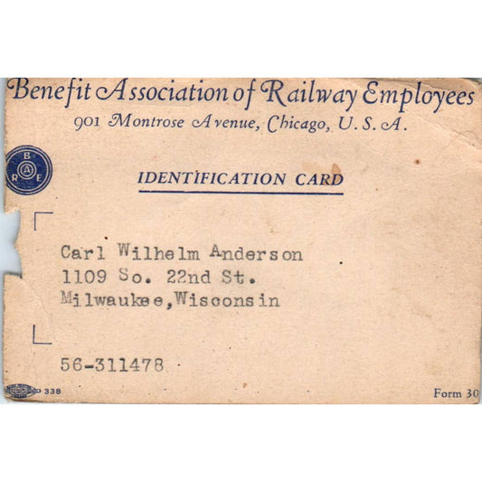 1950s Benefit Association of Railway Employees Identification Card Anderson SE5