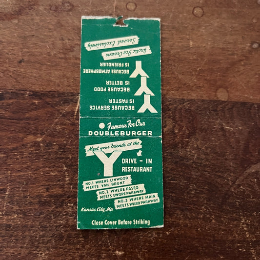 The Y Double Burger Drive-In Restaurant Kansas City Advertising Matchbook MM11-6