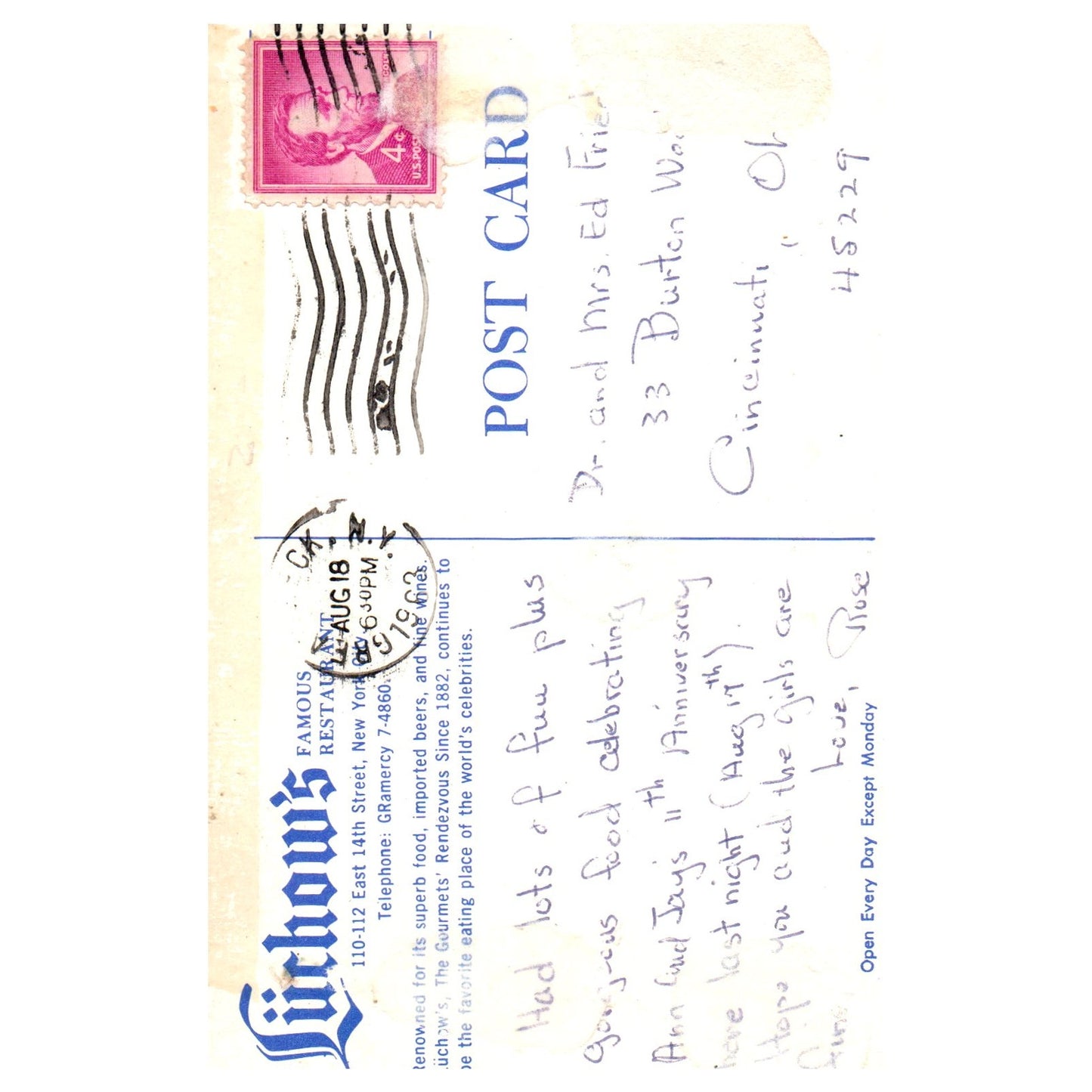 Vintage Postcard - Luchow's Famous Restaurant New York City 1963 P4-6