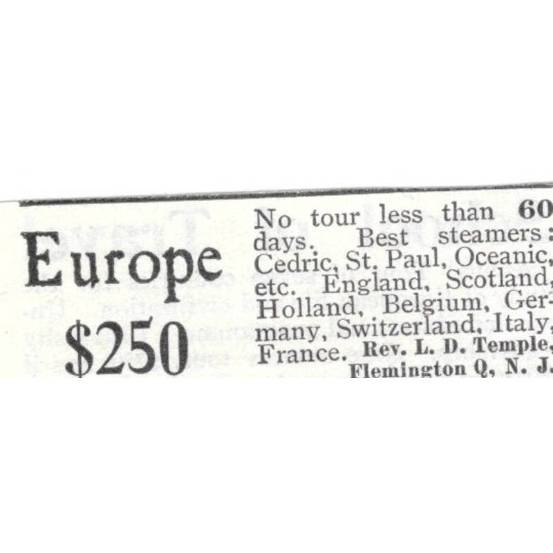 Europe Tour Rev. L.D. Temple Flemington Q.N.J. - 1903 Original Ad TJ8-7-7