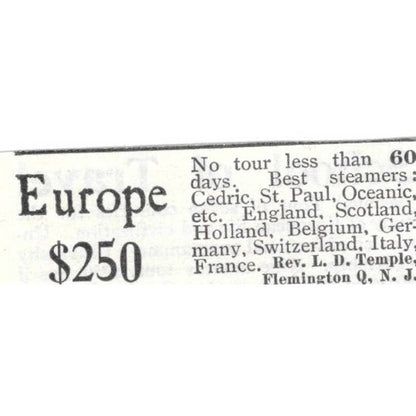 Europe Tour Rev. L.D. Temple Flemington Q.N.J. - 1903 Original Ad TJ8-7-7