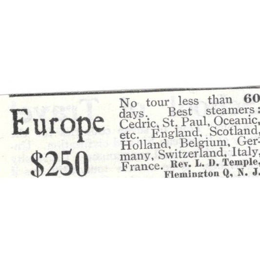 Europe Tour Rev. L.D. Temple Flemington Q.N.J. - 1903 Original Ad TJ8-7-7