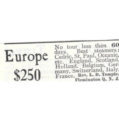 Europe Tour Rev. L.D. Temple Flemington Q.N.J. - 1903 Original Ad AK5-S34