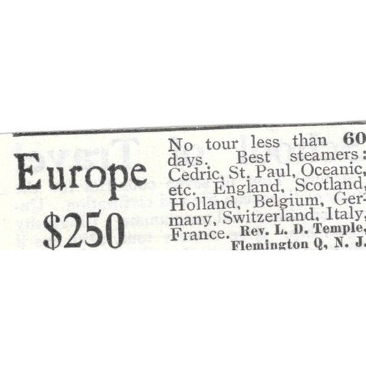 Europe Tour Rev. L.D. Temple Flemington Q.N.J. - 1903 Original Ad AK5-S34